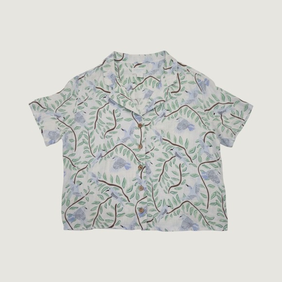 Cynthia Rowley Tops - Cynthia Rowley Womens Blue Green Bird Print 100% Linen Camp Shirt Size M